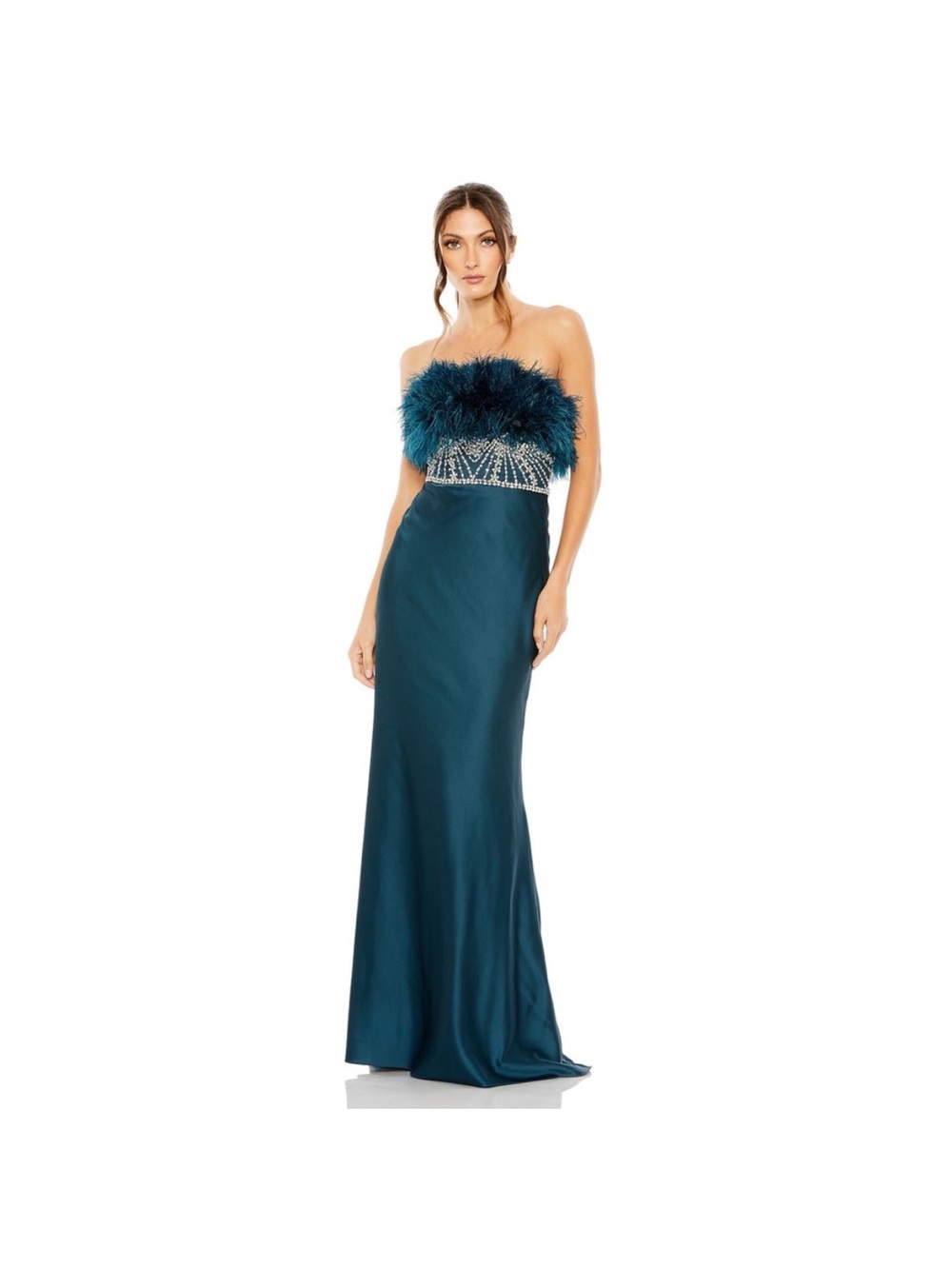 Mac Duggal 11686 Teal Satin Evening Gown with Feathers sz 10 NEW
